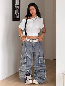 Coolane Women's Summer Music Festival Streetwear Daily Wear Casual Y2k Stretchy Grommet Eyelet Fitted White Asymmetrical Neck Tighten The Waist Short T-Shirt,Summer Top - White - View 2
