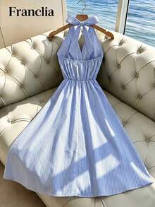 SHEIN Raffinéa Women's Elegant Coastal Light Blue And White Stripe Halter Neck Dress, Metal Sun Decor Summer Holiday Dress, Suitable For Tea Party Vacation, Beach - Blue - View 2