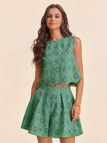Vivid Eden Bộ đồ nữ 2 món phong cách thường ngày thanh lịch lãng mạn, chất liệu jacquard, màu hồng. - màu xanh lá - Xem 17