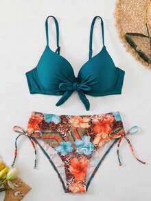 2件組 Swim Lushoire 成熟時尚性感泳裝套裝，純色掛脖泳裝上衣配前綁帶與植物印花短褲，夏季海灘度假 - 彩色 - 查看 3