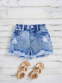 SHEIN Young Girls' Y2K Spring Summer Boho Girls Jeans Shorts ,Washed Casual Distressed Denim Shorts - Medium Wash - View 2