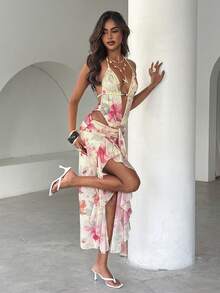 Aloruh Women's Romantic Tropical Spaghetti Strap Beaded Ruffle Floral Print Dress, Spring/Summer Beach Pink Floral - Multicolor - View 4