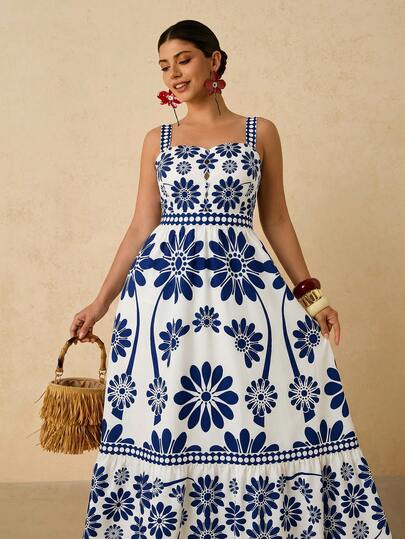Travachic Plus Size Women's Apricot Tropical Floral Print Dress, Long Strap Dress For Early Spring