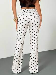 SHEIN PETITE Quần dài đen trắng, Xuân/Hè, Giáng sinh, Năm mới, Quần ống loe dệt kim chấm bi đen trắng, Quần ống rộng có dây rút cho nữ, Quần dài đen trắng, Quần chấm bi, Quần chấm bi đen trắng, Thu, Trang phục thu đông cho nữ, Trang phục xuân hè cho nữ - Đen và trắng - Xem 2