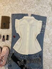 INAWLY Blus Kasual Musim Panas Wanita dengan Hiasan Pita dan Rumbai - Aprikot - View 2