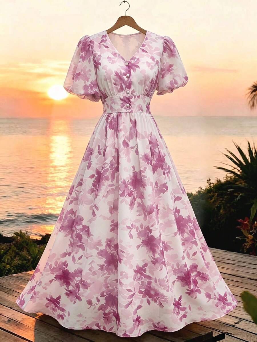 Modelyn V-Neck Petal Sleeve Chiffon Floral Print Front Button Closure White Floral Dress Tea Party Vacation Summer Elegant