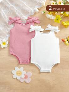 2pcs/Set Cute Summer Solid Color Knitted Romper With Bow For Baby Girl - Coral Pink - View 7