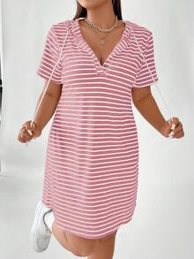 Vionelle Ribbed Hooded Drawstring Casual Dress, Plus Size - Pink - View 5