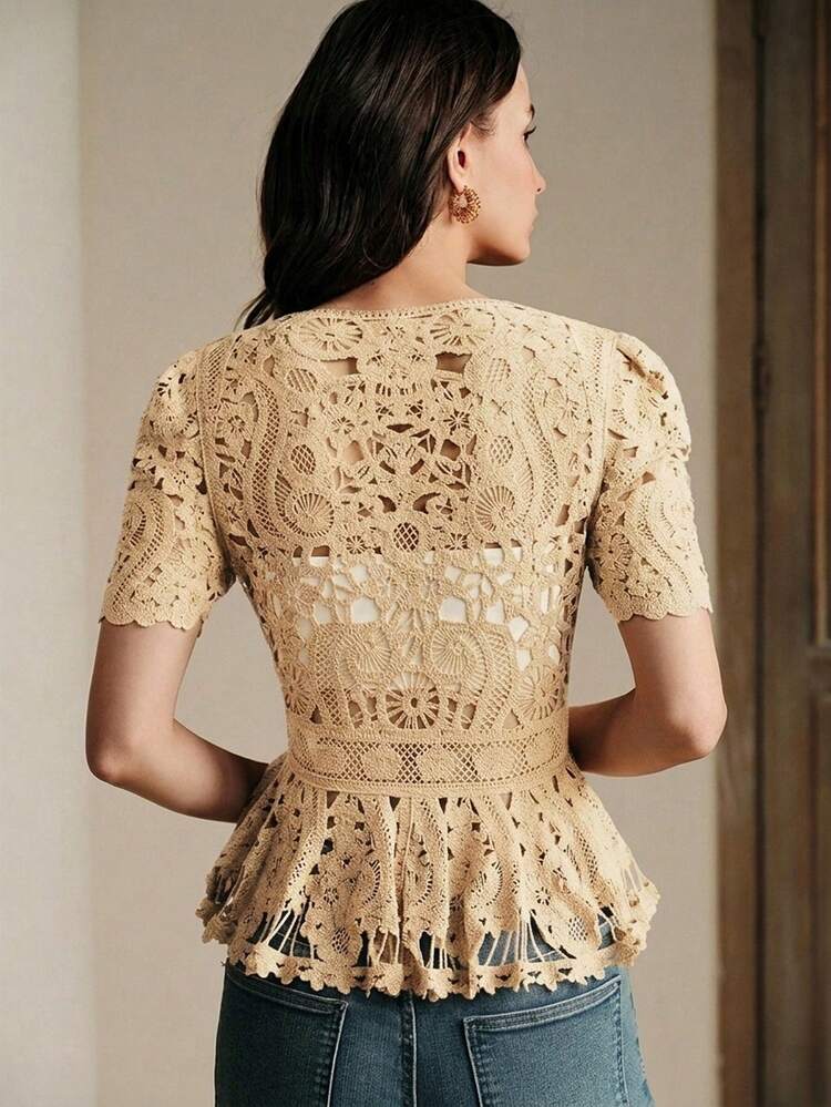 Women's French Elegant Hollow Floral Peplum Knit Top, Summer