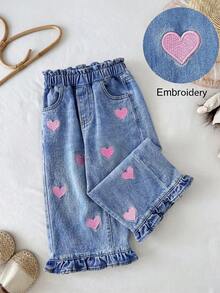 Quần jean ống rộng màu xanh dương thêu hình trái tim, có bèo nhún ở gấu quần, dành cho bé gái. - Màu xanh lam - Xem 1