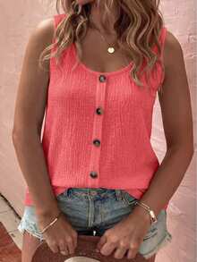 EMERY ROSE New Plus Size Women's Button Design Casual Versatile Round Neck Vest - Red - View 4