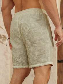 Genlund Pantalones cortos de verano casuales de unicolor con textura de gasa para hombres, vacaciones - Caqui - Ver 2
