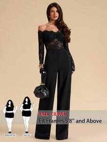 SHEIN Tall CURVE جمبسوت رسمية أنيقة للسمينات بتصميم كتف مكشوف مع تطريز الدانتيل - الأسود - مشاهدة 9