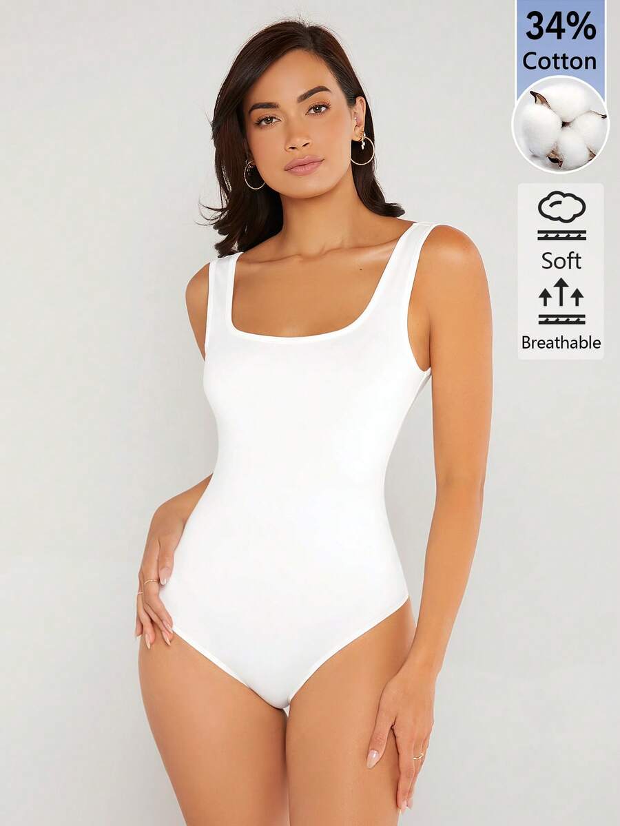 SHEIN BASICS 女士纯色时尚百搭方领连体衣 - 白色 - 查看 1