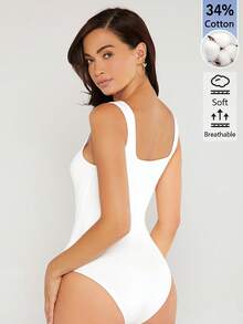 SHEIN BASICS 女士纯色时尚百搭方领连体衣 - 白色 - 查看 2