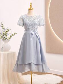 SHEIN Elegant Lace & Chiffon Patchwork Round Neck Short Sleeve Layered Ruffle Hem Sky Blue Summer Wedding Guest Women's Dresses,Suitable For Parties - Blue - View 6