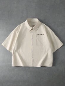 PAVTROS Men's Casual Slogan Graphic Front Button Short Sleeve Shirt, Summer - White - View 2
