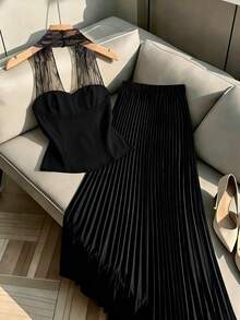 GlowEve CURVE Plus Size Lace Halter Top & Pleated Skirt 2-Piece Set, Elegant Workwear Outfit - Black - View 2
