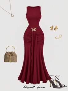 SHEIN MOD Damen Große Größen Braun Gerafftes Kleid, Herbst Kleider für Damen, Halloween Kleid, Hochzeitsparty Kleid, Elegantes Damen Kleid, Abendkleid, Weihnachtskleid, Winterkleid, Silvester Kleid, Weihnachtsparty Kleid, Thanksgiving Outfit, Halloween Outfit - Bordeaux - Übersicht 4
