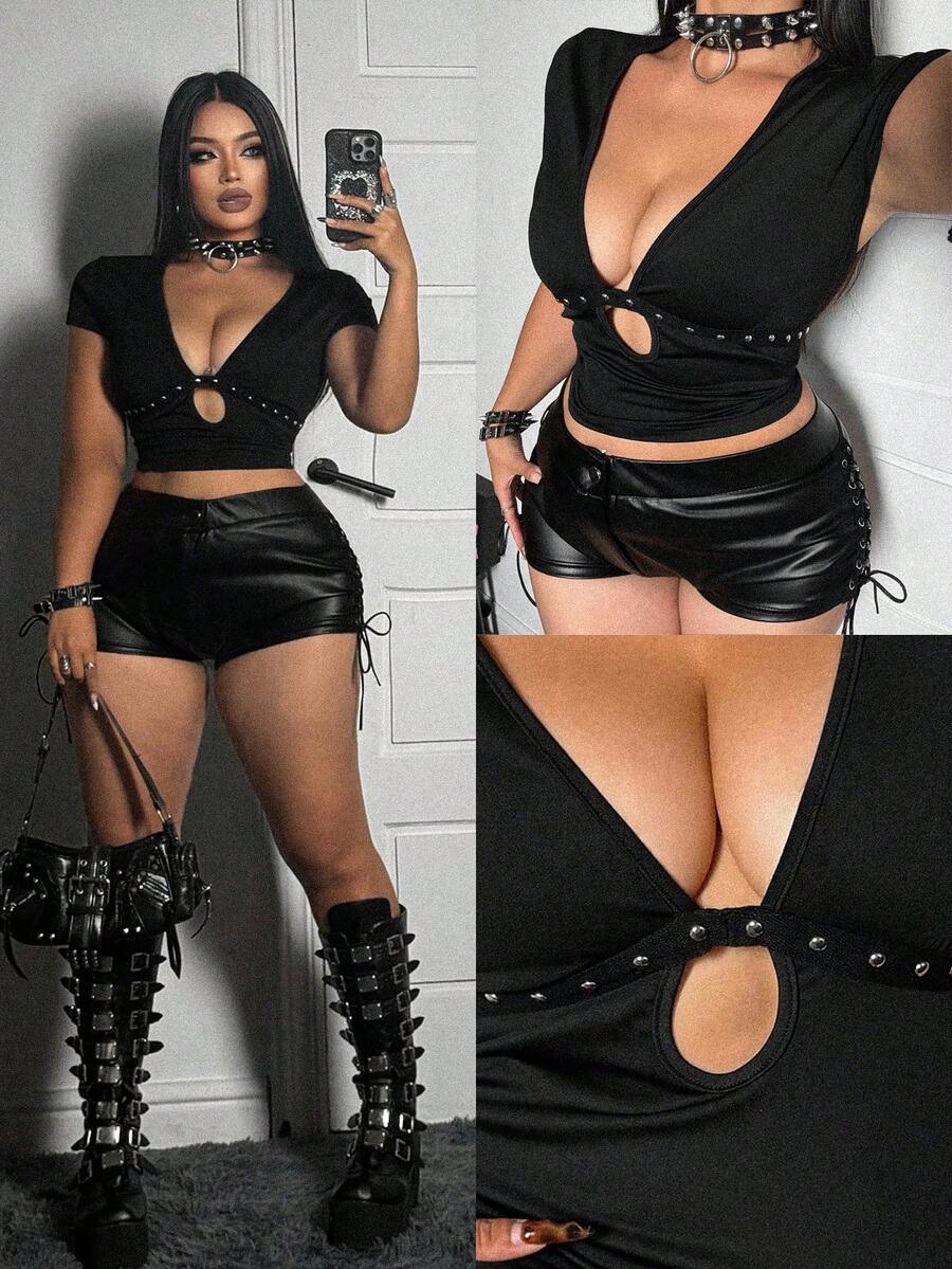 Whyspr Plus Size Deep V Splice Ribbon Fitted Punk T-Shirt, Spring/Summer Gym Brown - Black - View 1