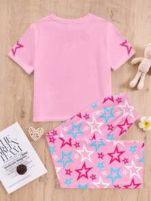 Niña adolescente Casual Chica de dibujos animados, Crema colorida rosa, Superestrella K-Pop, Estampado de grupo de chicas de dibujos animados, Camiseta de manga corta de cuello redondo holgada y pantalones para uso en casa, Adecuado para primavera y verano - Multicolor - Ver 3