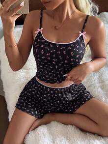 CottageSlumber 女士碎花吊带背心和短裤睡衣套装 - 黑色 - 查看 4