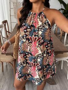 SHEIN VCAY Plus Size Boho Print Halter Neck Backless Summer Women Dresses - Multicolor - View 3