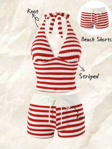 Swim Vcay Bộ bikini hai mảnh gợi cảm cổ chữ V, lưng trần, thắt nơ, màu đỏ trắng, chất liệu vải đặc biệt, dành cho kỳ nghỉ hè 2026, thích hợp cho nữ. - Đỏ và trắng - Xem 3