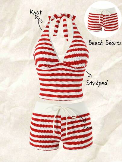 Swim Vcay 2026 New Women's Summer Beach Vacation Red & White Textured Special Fabric V-Neck Ruched Backless Sexy Bow Tie Set Camisole Spaghetti Strap Bikini Swimsuit