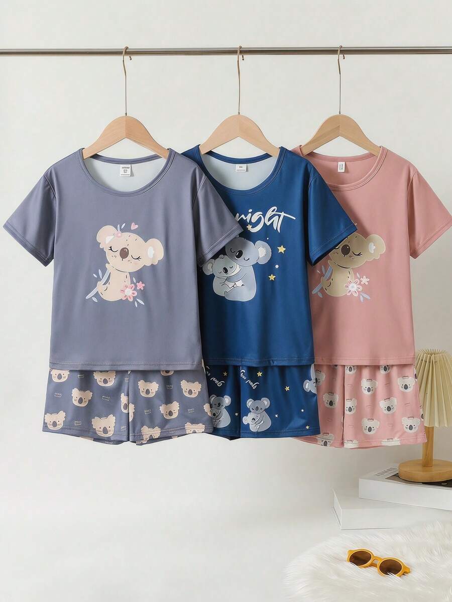 Set Pakaian Rumah Anak Perempuan Remaja 2 Potong, Biru dan Merah Muda, Musim Panas, Lucu, Piyama Tidur Terdiri dari Atasan Lengan Pendek Leher Bulat, Celana Pendek Senada, Motif Beruang Kartun - MultiWarna - View 1