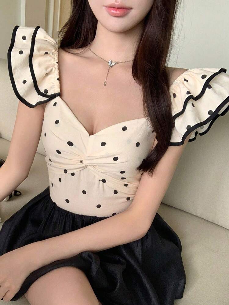 Women's Retro Elegant Polka Dot Print Twist Front Cropped Top, Vacation Style