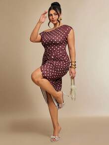 SHEIN BAE CURVE Đầm chấm bi màu đỏ tía dành cho nữ cỡ lớn, kiểu dáng thanh lịch, xẻ tà vai bất đối xứng. - Nhiều màu - Xem 3