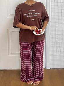 Dazy Plus 两件套休闲家居服，圆领字母印花短袖宽松上衣和条纹长裤，大码女式春夏睡衣 - 棕色 - 查看 6