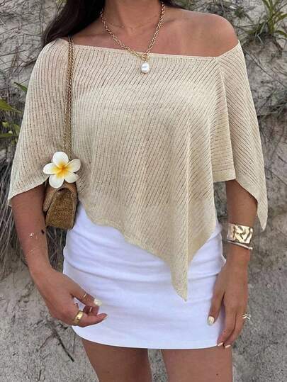 SHEIN CURVE+ La elegante blusa de estilo bohemio con hombros descubiertos para mujeres de talla grande presenta un bajo asimétrico y un diseño de punto suelto, lo que la hace perfecta para ocasiones como vacaciones, citas, té de la tarde, festivales de música y talla grande. Su estilo bohemio la hace perfecta para citas, salidas nocturnas y uso de verano, y también se puede usar como parte superior de bikini. Además, también es adecuada para vacaciones en la isla, bodas y ropa de verano.