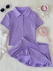 Comfortcana Bộ đồ nữ thời trang xuân/hè 2026 mới, áo thun ngắn tay kẻ sọc và chân váy mini, trang phục mùa hè cho nữ, ngày Valentine, trang phục đi biển, phong cách Y2K màu tím. - Nhiều màu - Xem 3