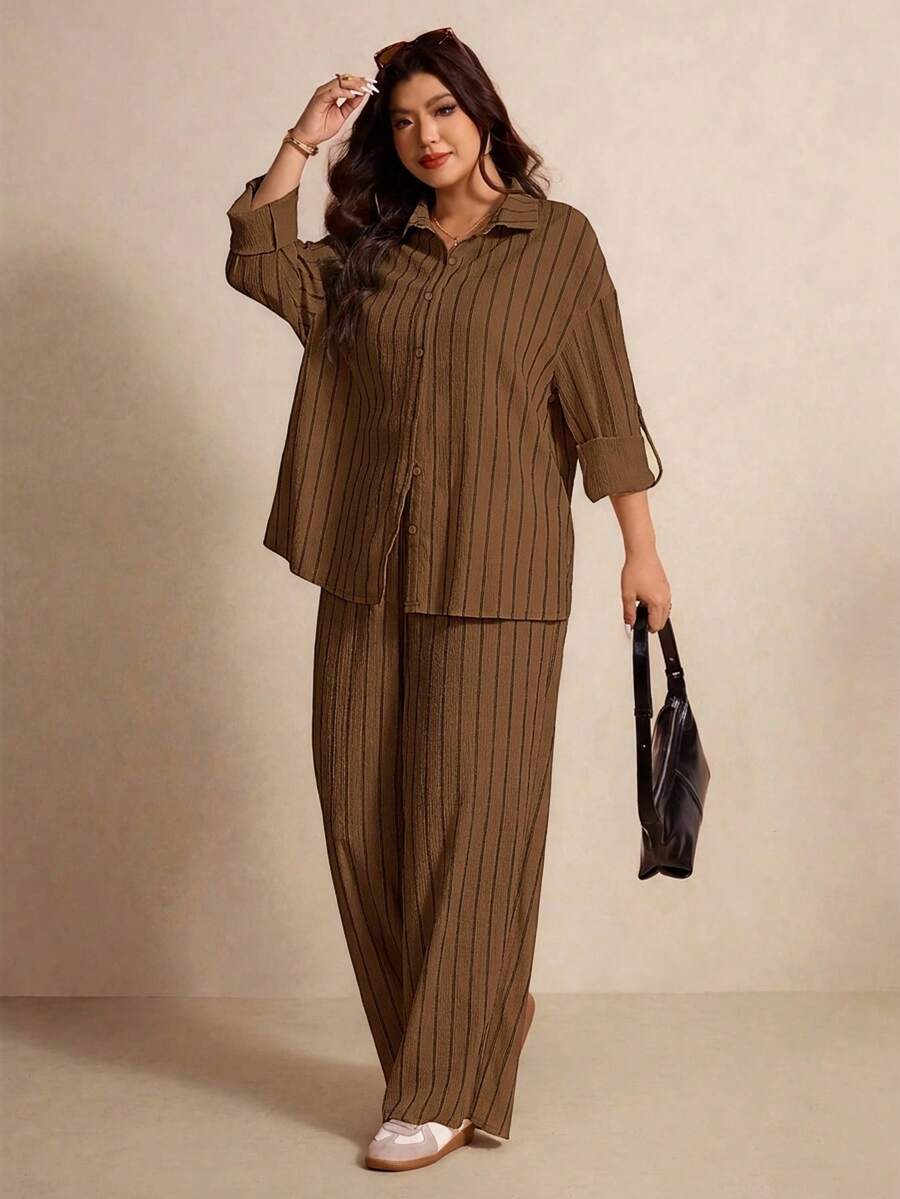 Elaquor Plus Size Casual Minimalist Basic Striped 2 Pieces Set, Loose Fit - Rust Brown - View 1