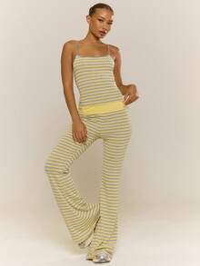 MUSERA Conjunto de top de tirantes a rayas y pantalón acampanado con doblez, coordinado en color amarillo para primavera y verano, vacaciones, uso casual y diario, estilo lindo y de Y2K - Multicolor - Ver 5