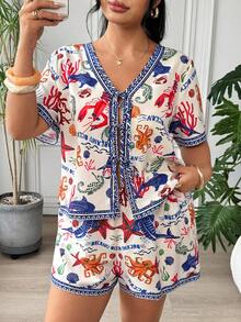 SHEIN EZwear 大尺碼女款海洋生物印花前綁帶短袖襯衫與休閒短褲兩件套 - 黑色 - 查看 6