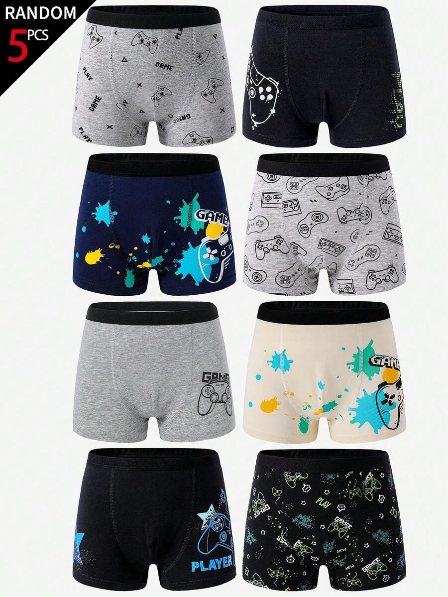 [5 Sets Random]Toddler Boys Cotton Boxer Briefs, Soft All-Season Game Print Underwear, Black Navy Heather Gray - Multicolor - View 1