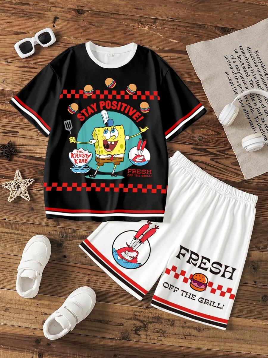 SpongeBob SquarePants | SHEIN 男童卡通印花圆领短袖T恤和短裤休闲日常穿搭 - 白色 - 查看 1
