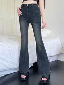 DAZY Women's Korean Style Distressed Flare Leg Jeans Petite Fall - Blue - View 3
