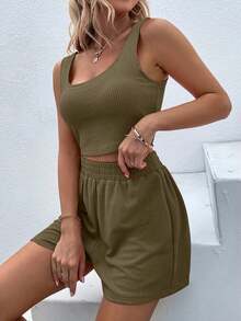 EMERY ROSE Women's Solid Color Square Neck Tank Top And Shorts Casual 2 Pieces Set - Olive Green - View 4