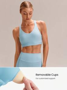GLOWMODE FeatherFit™ Sujetador activo de cuello de escote y espalda cruzada, con copas desmontables, de bajo impacto, apto para yoga, pilates, estudio y uso diario casual - Celeste - Ver 3