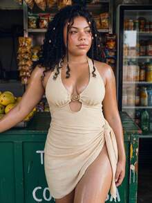 Swim Vcay Plus Size Women's Beige Solid Halter Tie Metal Decor Tankini Swimsuit Set With Mini Skirt,Casual Summer Beach Vacation Holiday Swimwear - Apricot - View 3