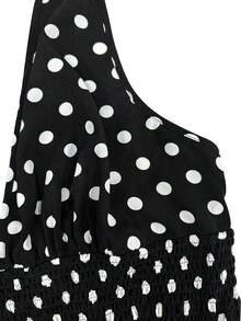 Sweetra CURVE Plus Size Women's Polka Dot Print Drawstring Waist Ruffle Hem Halter Neck Dress - Black and White - View 5