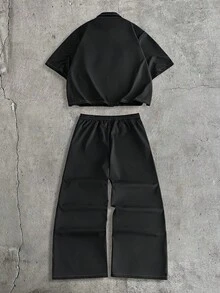 AXEPEAK Men's Single-Breasted Mid-Sleeve Shirt And Long Pants Casual Daily Suit - Black - View 3
