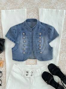 Elamini Áo sơ mi denim nữ cổ đứng cài cúc kiểu Napoleon, chất liệu denim mài. - Rửa nhẹ - Xem 1