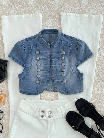 Elamini Women's Fashion Stand Collar Napoleon Button Washed Denim Blouse