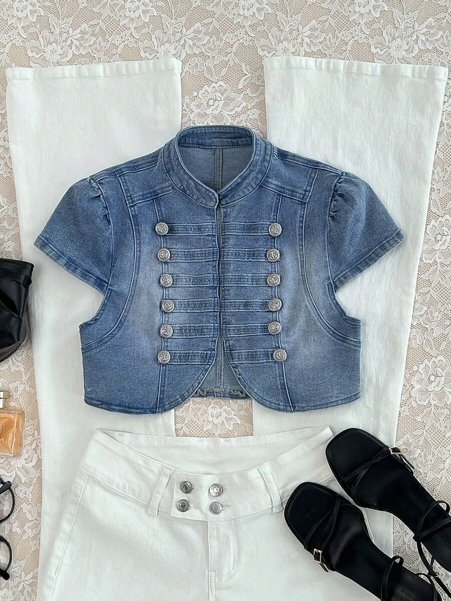 Elamini Áo sơ mi denim nữ cổ đứng cài cúc kiểu Napoleon, chất liệu denim mài. - Rửa nhẹ - Xem 1