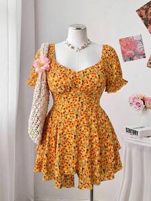 Flirla Mono de gasa floral elegante y cómodo para mujer de talla grande, adecuado para la playa, viajes, exteriores y uso diario - Naranja - Ver 7